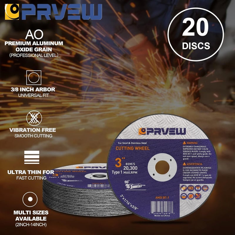 PRVEW 20-Pack Die Grinder Cut Off Wheel 3 Inch, 3" x1/16 x3/8" Quality Cutting Wheel Cutting Disc for Metal&Stainless Steel - Image 3
